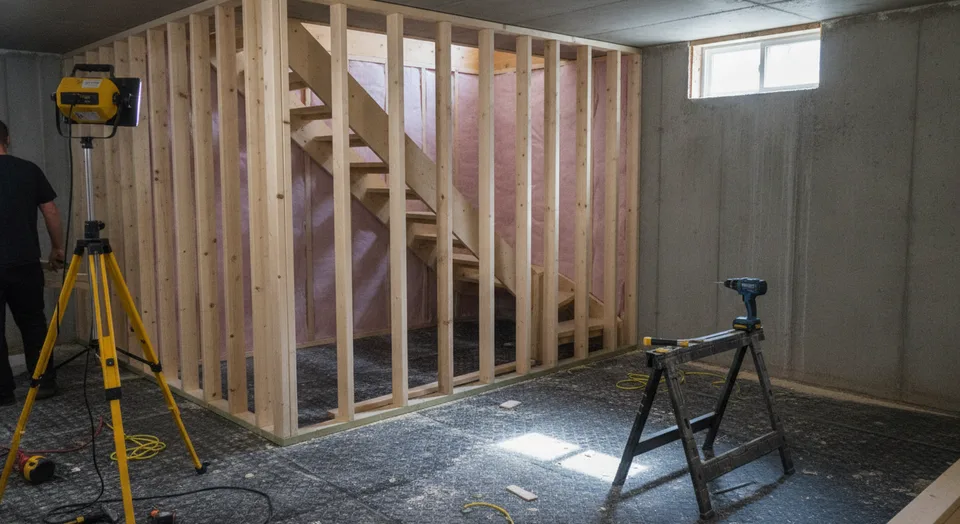 Basement renovation in progress in a Woodstock home with new framing, insulation and stairs